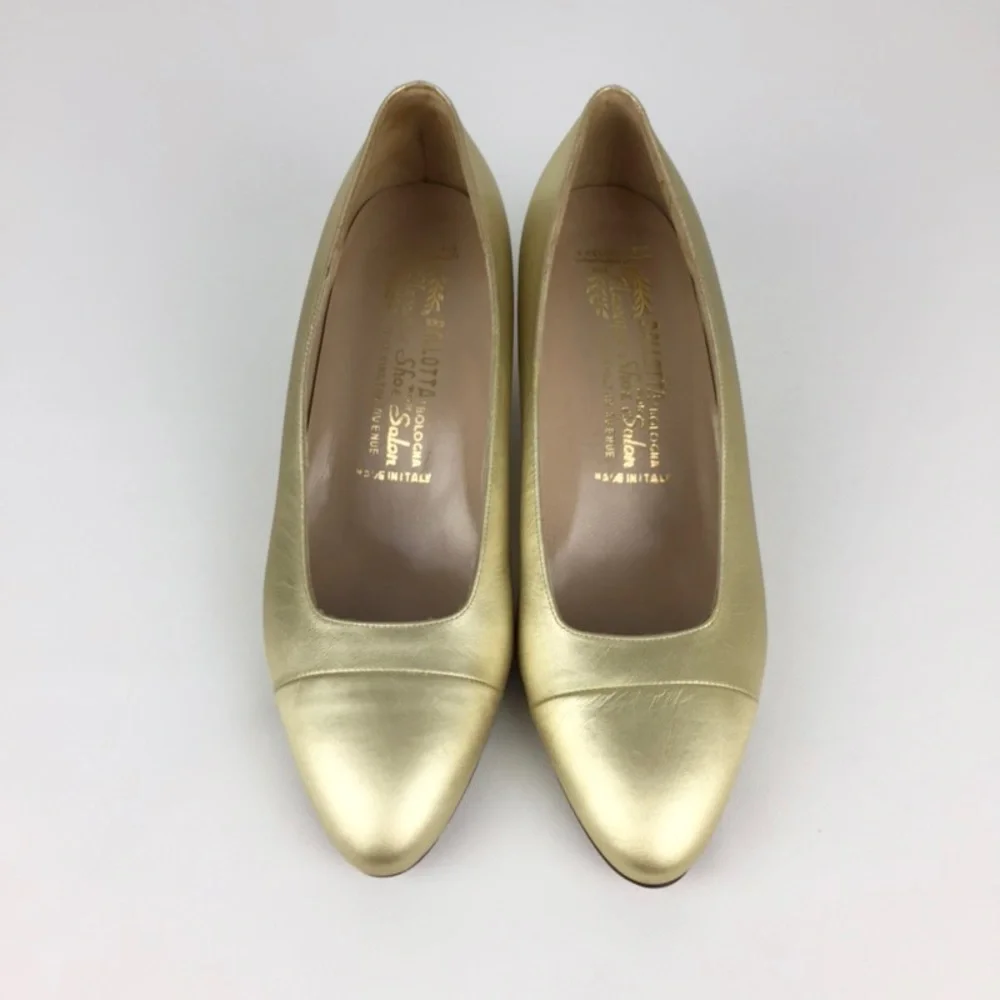 Vintage Ballotta Womens Gold Metallic Low Block Heel Italian Pumps size 6